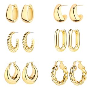 6 pairs 14k gold hoop earrings for women lightweight chunky hoop earrings multipack hypoallergenic, thick open twisted huggie hoops earring set jewelry for gifts. (gold)