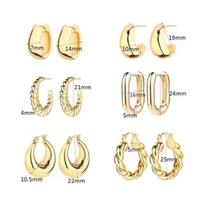 6 Pairs 14K Gold Hoop Earrings for Women Lightweight Chunky Hoop Earrings Multipack Hypoallergenic, Thick Open Twisted Huggie Hoops Earring Set Jewelry for Gifts. (Gold)