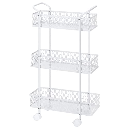 Slim Rolling Storage Cart, 3 Tier Bathroom Organizer Mobile Shelving Unit, Mobile Shelving Unit Cart with Handle and Lockable Wheels for Bathroom,Laundry,Living Room,Kitchen (White)