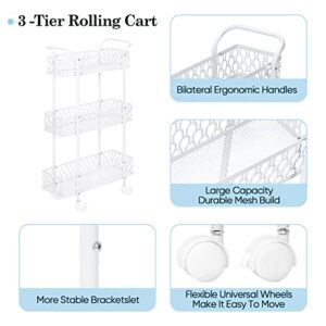 Slim Rolling Storage Cart, 3 Tier Bathroom Organizer Mobile Shelving Unit, Mobile Shelving Unit Cart with Handle and Lockable Wheels for Bathroom,Laundry,Living Room,Kitchen (White)