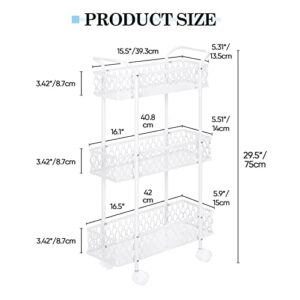 Slim Rolling Storage Cart, 3 Tier Bathroom Organizer Mobile Shelving Unit, Mobile Shelving Unit Cart with Handle and Lockable Wheels for Bathroom,Laundry,Living Room,Kitchen (White)