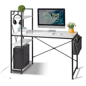 karl home computer desk with power outlet & storage shelves 47" home office workstation study writing table with charging station & hooks for home, studio, office, apartment, white