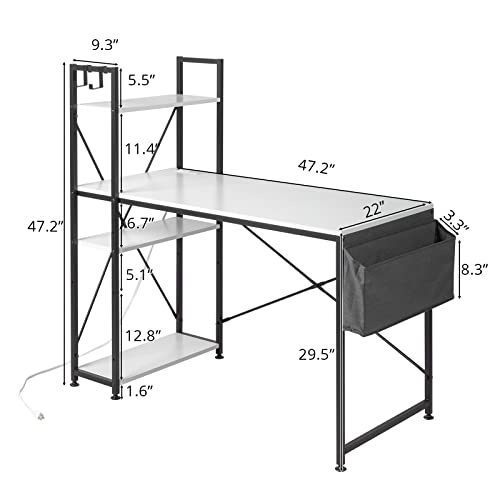 Karl home Computer Desk with Power Outlet & Storage Shelves 47" Home Office Workstation Study Writing Table with Charging Station & Hooks for Home, Studio, Office, Apartment, White