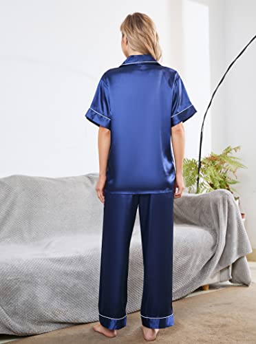 AUECK Women Silk Satin Pajamas Set Notch Collar Soft Sleepwear Pjs Short Sleeve Button Down Nightwear with Long Pants(Navy Bule,Large)