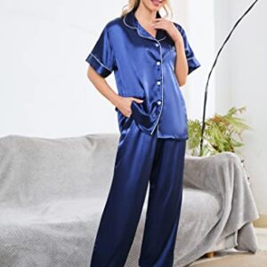 AUECK Women Silk Satin Pajamas Set Notch Collar Soft Sleepwear Pjs Short Sleeve Button Down Nightwear with Long Pants(Navy Bule,Large)