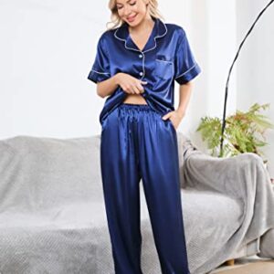 AUECK Women Silk Satin Pajamas Set Notch Collar Soft Sleepwear Pjs Short Sleeve Button Down Nightwear with Long Pants(Navy Bule,Large)