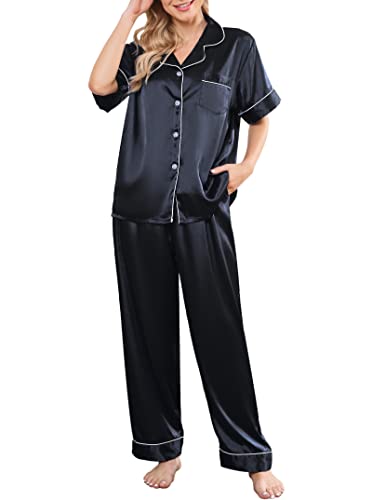 AUECK Silk Satin Pajamas Set Women Two-Piece Nightwear Short Sleeve Sleepwear Soft Button Down Loungewear Pjs Set S-XXL(Black,Large)