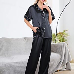 AUECK Silk Satin Pajamas Set Women Two-Piece Nightwear Short Sleeve Sleepwear Soft Button Down Loungewear Pjs Set S-XXL(Black,Large)