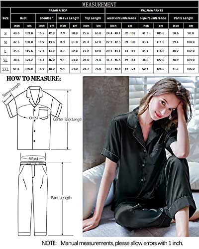 AUECK Silk Satin Pajamas Set Women Two-Piece Nightwear Short Sleeve Sleepwear Soft Button Down Loungewear Pjs Set S-XXL(Black,Large)