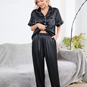 AUECK Silk Satin Pajamas Set Women Two-Piece Nightwear Short Sleeve Sleepwear Soft Button Down Loungewear Pjs Set S-XXL(Black,Large)