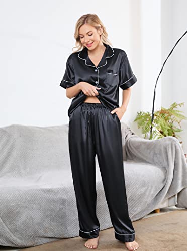 AUECK Silk Satin Pajamas Set Women Two-Piece Nightwear Short Sleeve Sleepwear Soft Button Down Loungewear Pjs Set S-XXL(Black,Large)