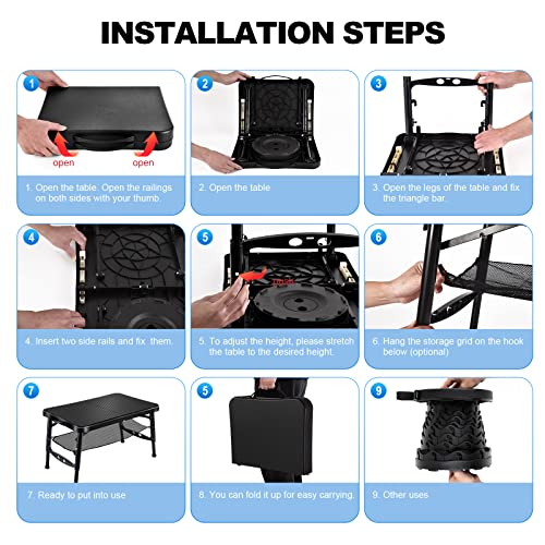 KPR Retractable Folding Table and Stool Set,Portable Camping Foldable Table Lightweight Yet More Sturdy with Adjustable Stool for Picnic Beach Camp,Fishing,Hiking Tours,BBQ,Parties,Outdoor Activities