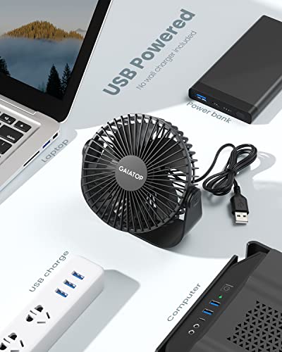 Gaiatop USB Desk Fan, 3 Speeds Portable Small Fan with Strong Airflow, 5.5 Inch Quiet Table Fan, 90° Rotate Personal Cooling Fan For Bedroom Home Office Desktop Travel (Black)