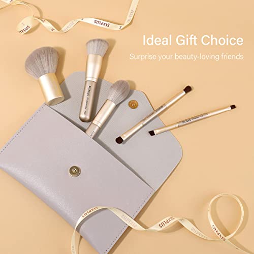 Travel Makeup Brushes Set with Case, SIXPLUS 5Pcs Champagne Gold Double Ended Professional Make Up Brush for Foundation Blush Powder Eyeshadow Blush Eyebrow Lip, Portable Storage Bag, Best Gift Kit