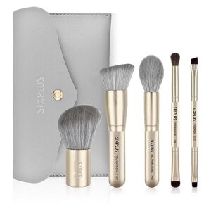 travel makeup brushes set with case, sixplus 5pcs champagne gold double ended professional make up brush for foundation blush powder eyeshadow blush eyebrow lip, portable storage bag, best gift kit