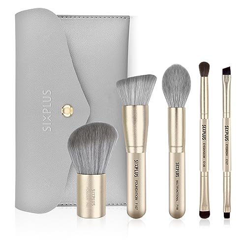 Travel Makeup Brushes Set with Case, SIXPLUS 5Pcs Champagne Gold Double Ended Professional Make Up Brush for Foundation Blush Powder Eyeshadow Blush Eyebrow Lip, Portable Storage Bag, Best Gift Kit