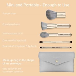 Travel Makeup Brushes Set with Case, SIXPLUS 5Pcs Champagne Gold Double Ended Professional Make Up Brush for Foundation Blush Powder Eyeshadow Blush Eyebrow Lip, Portable Storage Bag, Best Gift Kit