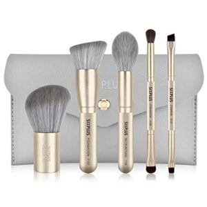 Travel Makeup Brushes Set with Case, SIXPLUS 5Pcs Champagne Gold Double Ended Professional Make Up Brush for Foundation Blush Powder Eyeshadow Blush Eyebrow Lip, Portable Storage Bag, Best Gift Kit