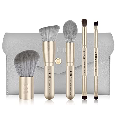 Travel Makeup Brushes Set with Case, SIXPLUS 5Pcs Champagne Gold Double Ended Professional Make Up Brush for Foundation Blush Powder Eyeshadow Blush Eyebrow Lip, Portable Storage Bag, Best Gift Kit