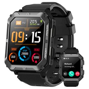 military smart watch for men with bluetooth call, 5atm waterproof outdoor fitness tracker, 1.83" rugged tactical watch with heart rate blood pressure sleep monitor for android iphone, black