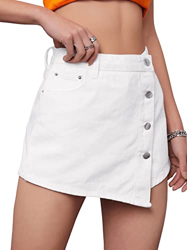 SweatyRocks Women's Casual High Rise Button Front Wrap Denim Skort Skirt with Pocket White 30