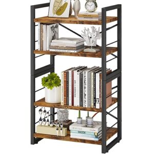 homeiju bookshelf, 4 tier stackable bookcase, adjustable industrial book shelf storage organizer for desktop, living room, bedroom, office(rustic black and brown)