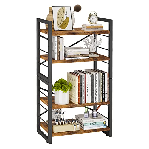 Homeiju Bookshelf, 4 Tier Stackable Bookcase, Adjustable Industrial Book Shelf Storage Organizer for Desktop, Living Room, Bedroom, Office(Rustic Black and Brown)