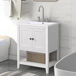 Lifeand, Integrated Combo with White Built-in Ceramic Top & Modern Base Cabinet Bathroom, 24" Vanities with Sink