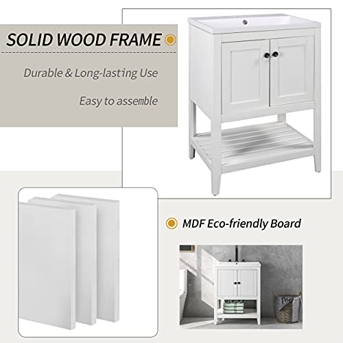 Lifeand, Integrated Combo with White Built-in Ceramic Top & Modern Base Cabinet Bathroom, 24" Vanities with Sink
