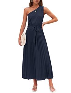 merokeety womens sleeveless one shoulder pleated belted elastic high waist formal midi maxi dress,navy,m