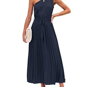 MEROKEETY Womens Sleeveless One Shoulder Pleated Belted Elastic High Waist Formal Midi Maxi Dress,Navy,M