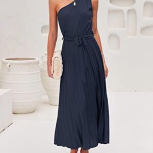 MEROKEETY Womens Sleeveless One Shoulder Pleated Belted Elastic High Waist Formal Midi Maxi Dress,Navy,M