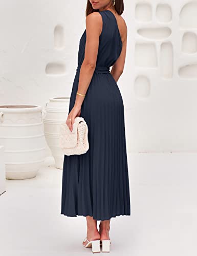 MEROKEETY Womens Sleeveless One Shoulder Pleated Belted Elastic High Waist Formal Midi Maxi Dress,Navy,M