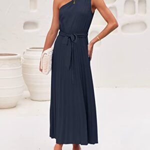 MEROKEETY Womens Sleeveless One Shoulder Pleated Belted Elastic High Waist Formal Midi Maxi Dress,Navy,M