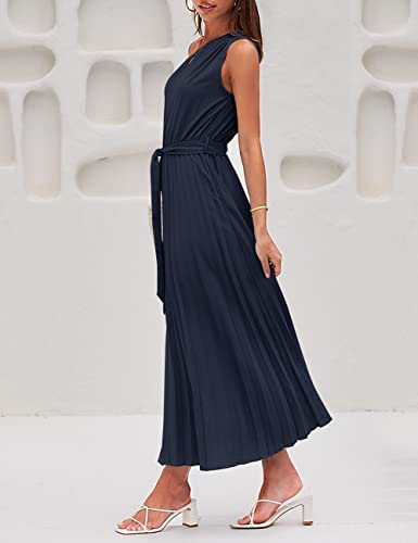 MEROKEETY Womens Sleeveless One Shoulder Pleated Belted Elastic High Waist Formal Midi Maxi Dress,Navy,M