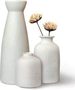 white ceramic vases set 3 for farmhouse home decor,modern boho small vase for pampas flower decorative,vases for dinner table party living room office bookshelf entryway bedroom decor (white)…