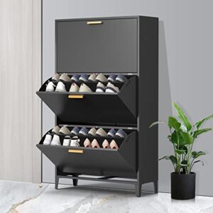 omethey shoe cabinet with 3 flip drawers, wall mount & floor mount shoe organizer, all steel black narrow shoe storage cabinet for entryway, hallway and corridor