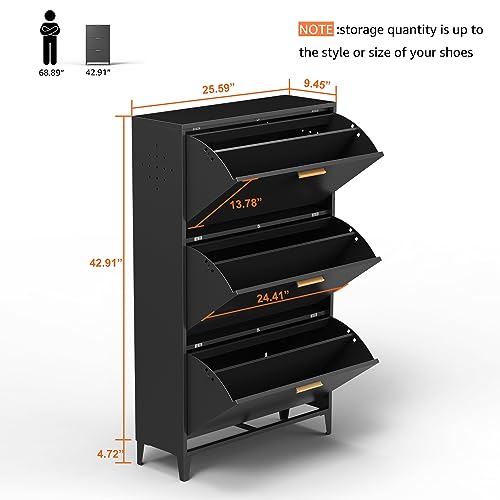 Omethey Shoe Cabinet with 3 Flip Drawers, Wall Mount & Floor Mount Shoe Organizer, All Steel Black Narrow Shoe Storage Cabinet for Entryway, Hallway and Corridor