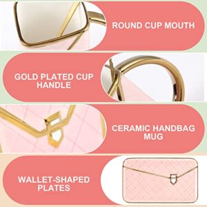 Zubebe Handbag Shaped Mug Purse Coffee Ceramic Mug Set with Spoon and Saucer 10 Oz/ 310 ml Cute Creative Design Travel Tea Cup for Women Thanksgiving Christmas Gifts (Pink,1 Set)