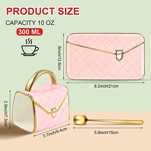 Zubebe Handbag Shaped Mug Purse Coffee Ceramic Mug Set with Spoon and Saucer 10 Oz/ 310 ml Cute Creative Design Travel Tea Cup for Women Thanksgiving Christmas Gifts (Pink,1 Set)