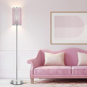 crystal floor lamp for bedroom, living room pink floor lamps modern tall lamp with on/off foot switch glam standing light for girls bedroom minimalism pole corner lamp for office dorm hotel