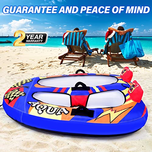 MewVeer Towable Tube for Boating, Safety Inflatable Boat Tubes and Towables, 1~2 Person Foam Seats, Water Sport Towables with Drainage, Quick Connector, Large Capacity (Blue)