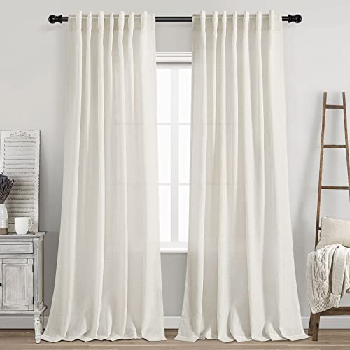 Cream Linen Back Tab Curtains 84 Inch Length for Living Room 2 Panel Set Neutral Modern Farmhouse Window Curtain Privacy Semi Sheer Linen Drapes Rustic Pinch Pleated Look Curtain Natural Ivory Colored