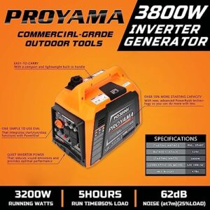 PROYAMA 3800W Super Quiet Portable Inverter Generator with CO Shield, Fuel Shut-Off, RV Plug, UltraLight 47lbs for Home, Emergency, Camping