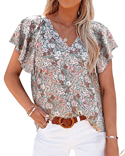 BTFBM Women Casual Boho Floral Blouse Shirts V Neck Long Puff Sleeve Lightweight Chiffon 2023 Fashion Summer Fall Tops(Short Floral Multicolor, Medium)