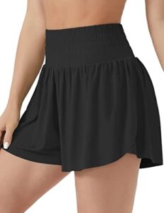 the gym people women's high waisted flowy running shorts butterfly 2 in 1 athletic workout skirt shorts black