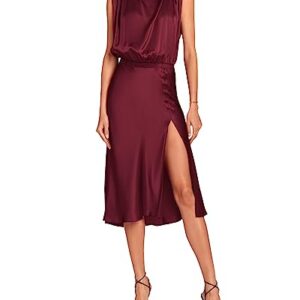 PRETTYGARDEN Women Summer Formal Mock Neck Sleeveless Satin Dress Elastic Waist Slit Midi Wedding Guest Dresses 2023(Solid Deep Red,Small)