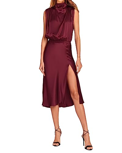 PRETTYGARDEN Women Summer Formal Mock Neck Sleeveless Satin Dress Elastic Waist Slit Midi Wedding Guest Dresses 2023(Solid Deep Red,Small)