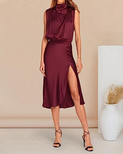 PRETTYGARDEN Women Summer Formal Mock Neck Sleeveless Satin Dress Elastic Waist Slit Midi Wedding Guest Dresses 2023(Solid Deep Red,Small)