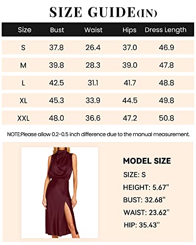 PRETTYGARDEN Women Summer Formal Mock Neck Sleeveless Satin Dress Elastic Waist Slit Midi Wedding Guest Dresses 2023(Solid Deep Red,Small)